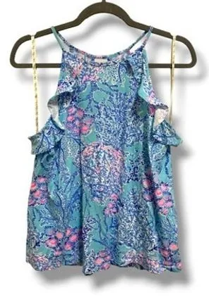 Lilly Pulitzer Billie Tank Top Ibiza Now You See Me Halter Ruffle‎ M thumbnail 1