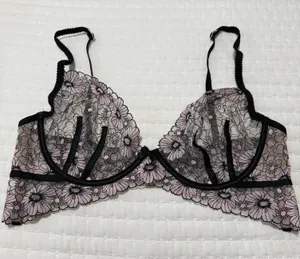 For Love and Lemons Coco Bra Unlined Floral Lace Black/Pink Bones Side Sz XL thumbnail 1