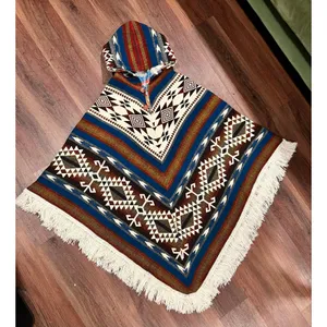 Southwestern Geometric Hooded Blanket Poncho Fringe Cape Boho Western S/M thumbnail 2