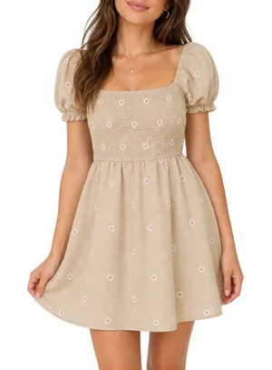 MINE Tan Floral Daisy Smocked Puff Sleeve Mini Dress Small thumbnail 1