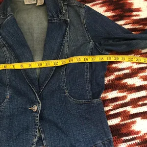 St. John Collection Y2K Dark Navy denim jean blazer jacket one button pockets long sleeve #preppy #grunge #goth dark academia #steampunk office siren core #2000s Size S-Measurement in pics thumbnail 6