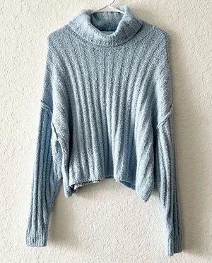 American Eagle Oversized Slouchy Ribbed Knit Soft Cowl Neck Light Blue Sweater thumbnail 3