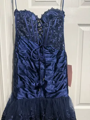 Navy Blue Strapless Sweetheart Mermaid Pleated Layered Long Prom Dress With Slit thumbnail 6