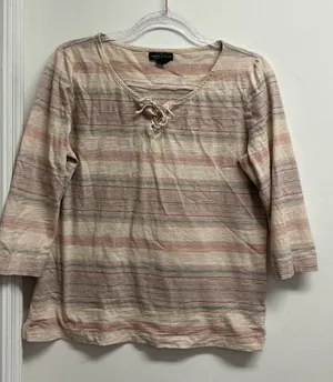 Lauren Ralph Lauren Cream and Blush Striped Lace-Up 3/4 Sleeve Top thumbnail 1