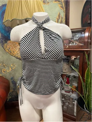 See You Monday Black White Striped Halter Top Ruched Side Tie Y2K NWT Large thumbnail 4