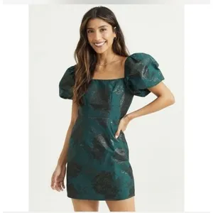 Altar'd State Skylar Emerald Green Floral Jacquard Puff Sleeve Mini Dress NWT M thumbnail 16