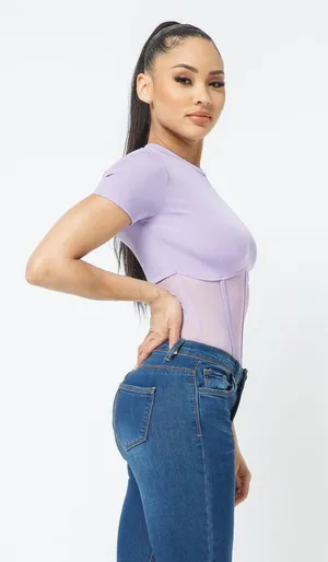 “Corset” Style Rib Mesh Bodysuit Purple Size XL thumbnail 2