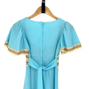 Allegro NY Vintage 70's Dress Light Sky Blue Empire Waist Maxi Crochet Detail Si thumbnail 6