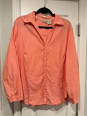 L.L. Bean Size 1X Pink Stripe Ruffle Front Lightweight Cotton Button Down Shirt thumbnail 1
