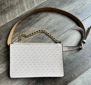Michael Kors Mini Belt Bag Wristlet Purse Medium Cream Grey Tan Vegan Leather thumbnail 1
