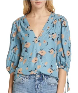 Rebecca Taylor Daniella Floral Blouse Dot Pattern Blue V-Neck Top Tie Cuff Women thumbnail 1