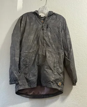 Carhartt Women's S Gray Camo Nylon Hooded Zip Up Windbreaker 3/4 Length thumbnail 1