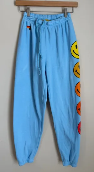 Aviator Nation Jogger Sweatpants Blue Smiley Face Women's XS Happy thumbnail 1