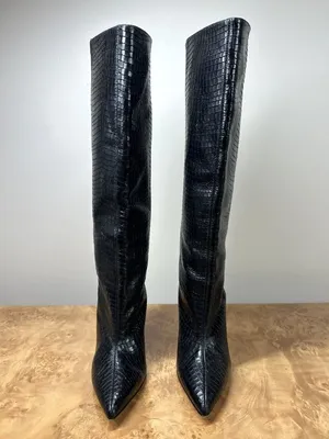 Stuart Weitzman Parton Black Croc Embossed Leather Knee High Boots Heels Size 5 thumbnail 2