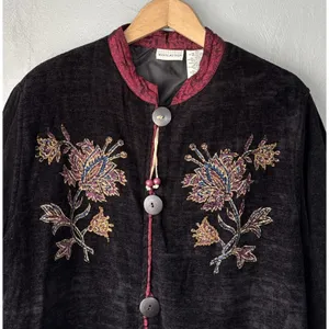 Victorian Chenille Jacket Size Medium 8 10 Black Whimsigoth Regency Asian Floral thumbnail 3