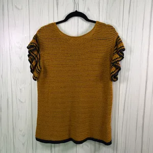 LOFT Open Knit Flutter Sleeve Top‎ in Mustard Yellow & Navy, Medium thumbnail 8