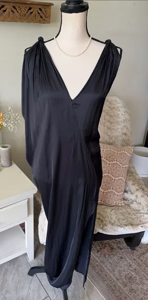 Maria Cornejo Black gothic satin Asymmetrical minimalist midi maxi slip Dress 6 thumbnail 1