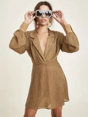 LPA | Beaded 61 V-Neck Mini Dress in Army Taupe Tan‎ size Small thumbnail 1