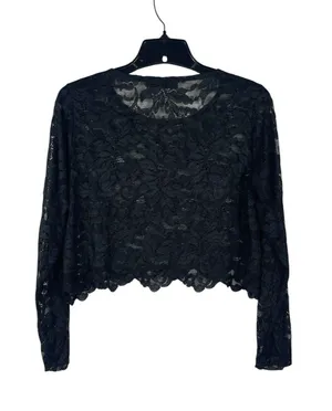 Sympli Women’s 10 Sheer Black Floral Lace Top Long Sleeve Cropped Scalloped Hem thumbnail 1