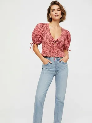 Free People Sweet Sun Top Puff Sleeve Tie-Front Cropped Top size Small thumbnail 10