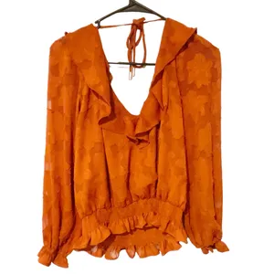 Anthropologie Size Small‎ Rust Burnt Orange Ruffle Textured Floral Blouse thumbnail 2