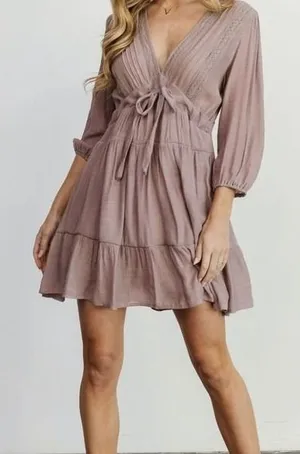 Baltic Born Amelia Boho Mini Dress S Mauve Taupe Lace Trim Tie Front Flowy thumbnail 1