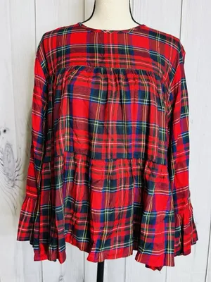 Mudpie Womens Red Plaid Peplum Flounce NWT Top Size Large Keyhole Back Neck thumbnail 1