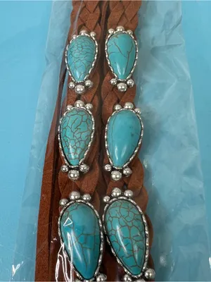 Rustic Couture Braided Tassle with Faux Turquoise Stones in a Silver Tone Concho thumbnail 6