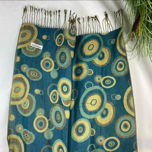 Pashmina Blue & Tan Circle Print Rectangular Reversible Tassel thin knit Scarve thumbnail 2