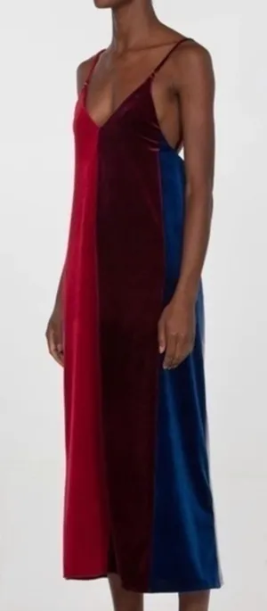 Drifter Dress Velarium Velvet Slip Color Block Strappy maxi Red Maroon Blue thumbnail 1
