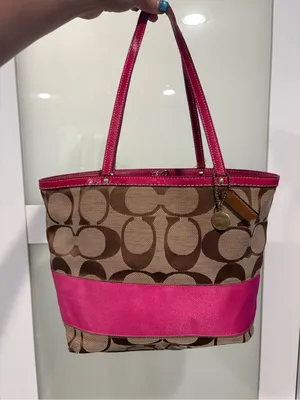 Vintage Coach Reversible Stripe Tote Bag Khaki Pink Canvas with Leather Trim thumbnail 12
