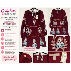 Letube Anthropologie Burgundy Embroidered Boho Mini Dress Long Sleeve Large NEW thumbnail 2