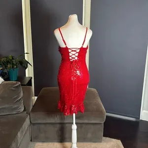 Women’s Red Sequined Short Homecoming Party Dress Ruffle Hem Corset Back Size 2 thumbnail 4