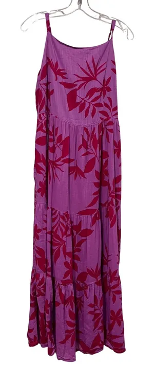 Old Navy Womens Large Purple Red Tropical Leaf Tiered Maxi Dress Smocked Back thumbnail 1