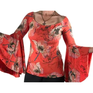 Free People Medium Blouse Top Flared Sleeves Orange Floral Stretch Boho Festival thumbnail 2