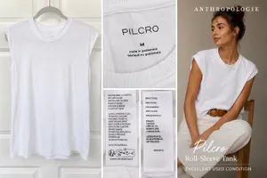 Anthropologie Pilcro Roll Sleeve Tank Top White M 100% Cotton Crew Neck Tee thumbnail 2