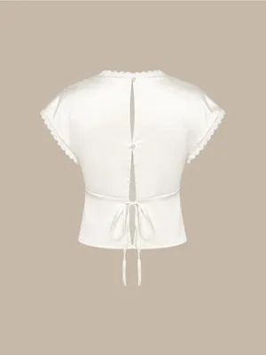 Rihoas Apricot V Neck Lace Satin Tee thumbnail 7
