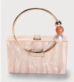 Lulu's Pearlescent Pink Acrylic Box Clutch with Gold Ring Handle thumbnail 1