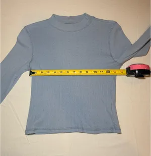 American Eagle Light Blue Pointelle Mock Neck Crop Long Sleeve Size Medium EUC thumbnail 6