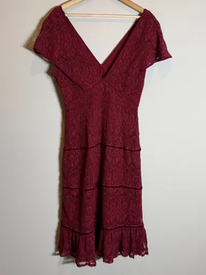 Foxiedox Anthropologie Clarinda Tiered Dress Women's Large Red Lace Formal Party thumbnail 11