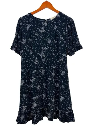 Rewind Womens L Black White Ditsy Floral Ruffle Hem Short Sleeve Mini Dress thumbnail 1