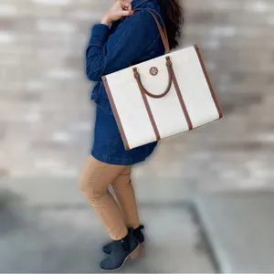 Tory Burch Blake Jumbo Tote‎ Bag Canvas Leather Trim Neutral Cream Brown Cuoio thumbnail 8