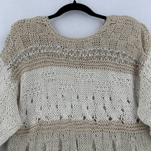 Handmade Crochet Knit Sweater Women Ivory Beige Balloon Sleeve Boho Coastal Chic thumbnail 3