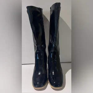 Leila Stone Vegan Black Patent Leather Cynira Knee-High Boots Block Heel Size 10 thumbnail 5