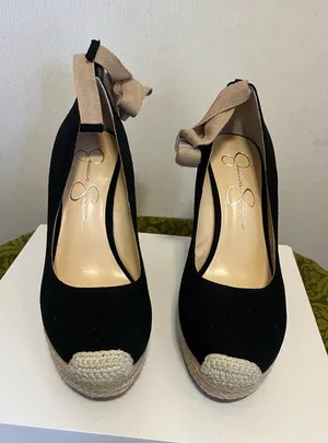 Jessica Simpson Black Wedge Espadrille Heels with Tan Ankle Wraps thumbnail 1