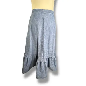 Handmade‎ Chambray Ruffle Hem Flowing Midi Skirt Western Boho Romantic Denim Blue thumbnail 2