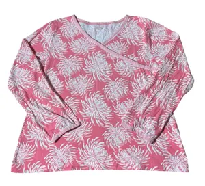 Garnet Hill Cottagecore Large Cotton Pink Floral Chrysanthemum Faux‎ Wrap Top thumbnail 1