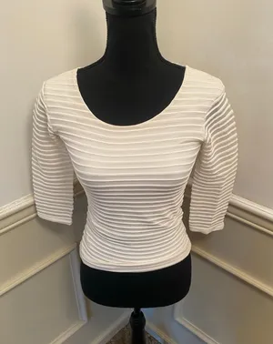 Stripe by Rayure Paris Cream Bouse Fitted Sheer Textured Top 3/4 Sleeve Y2K thumbnail 1