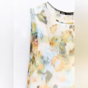Zara Tulle Mesh Ruched Midi Abstract Colorful Watercolor Dress Small thumbnail 3
