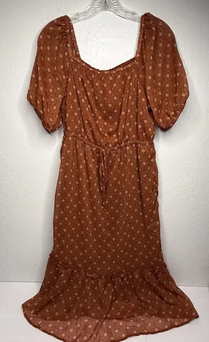 Lucky Brand Rust Dress Shimmer Peasant Boho Tiered Size M Midi‎ Puff Sleeve New thumbnail 1